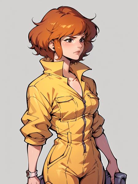 april o'neil, 1girl, solo, orange hair, short hair, jumpsuit pizza bikini, 