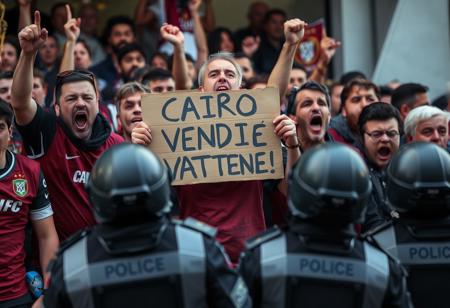 A photograph of a screaming, ragged, angry group of Torino FC fans, wearing a burgundy soccer vest, protesting with a cardboard in hands that says "CAIRO VENDI E VATTENE!", police officers stand in the foreground with their backs to the viewer,