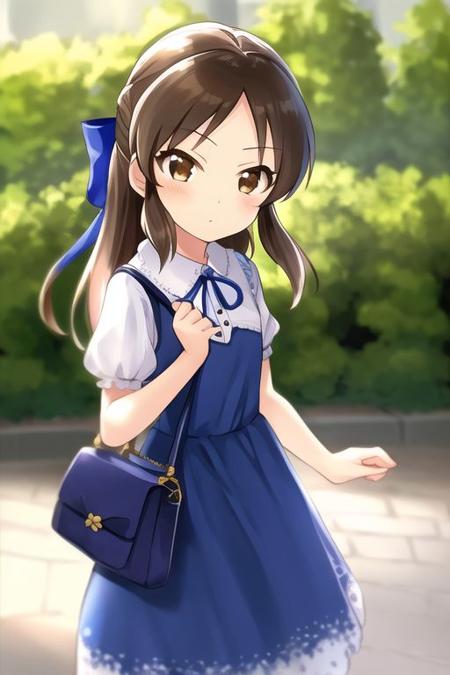 Tachibana Arisu, 
1girl, bag, blue dress, blush, bow, brown hair, dress, hair bow, handbag, long hair, looking at viewer, neck ribbon, outdoors, ribbon, solo
 <lora:arisu-fanart:1>