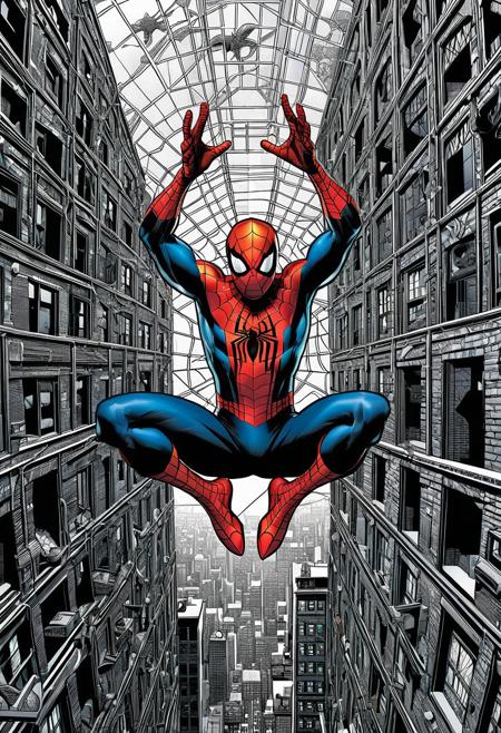 Centered, Incredibly Detailed Accurate Picture Of A Comic Cover Of Spider-Man, as if drawn from the works of M.C. Escher