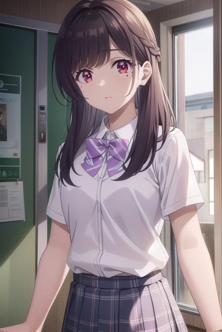 mariakurose, <lora:maria kurose s1-lora-nochekaiser:0.8>,
maria kurose, long hair, black hair, (red eyes:1.3), mole, mole under eye,
BREAK skirt, shirt, bow, school uniform, white shirt, short sleeves, pleated skirt, bowtie, plaid, plaid skirt, purple bow,
BREAK indoors, classroom,
BREAK looking at viewer, (cowboy shot:1.5),
BREAK <lyco:GoodHands-beta2:1>, (masterpiece:1.2), best quality, high resolution, unity 8k wallpaper, (illustration:0.8), (beautiful detailed eyes:1.6), extremely detailed face, perfect lighting, extremely detailed CG, (perfect hands, perfect anatomy),