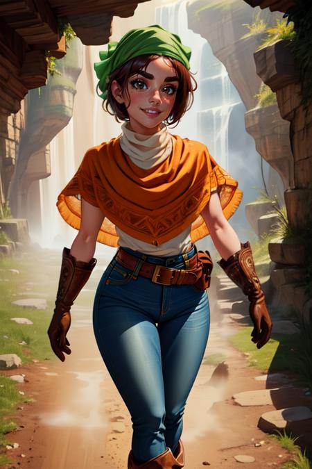 Toan,short brown hair,thick eyebrows,(Solo)  light smile, 
orange poncho, denim jeans, green bandana,  white feathers, crested brown gloves, brown boots, belt,  white turtleneck, red sash, 
dark cave, dirty, standing,  
 tight pants, 
(insanely detailed, beautiful detailed face, masterpiece, best quality) 
<lora:Toan-10v3:0.7>,