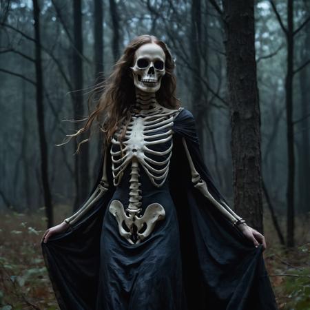 The Skeleton young Witch, flying, epoxy_skull, amidst a black swirling vortex in a dark, mystical forest. A beautiful woman with long hair stands, her figure draped in skeletal armor and an ethereal dress, engulfed by the swirling darkness. The scene is intensely cinematic, dominated by deep shadows pierced by subtle hints of light, crafting a dramatic interplay of darkness and luminescence. Wind, intensified to 1.2, weaves through the trees, enhancing her enigmatic silhouette, now surrounded by black smoke and the eye of a storm. Close-up on her sad expression, amidst sparkling embers and a billowing long piece of cloth, with a faint (intensity:0.5) hint of a Skeleton mask,