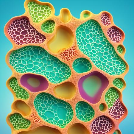 es11cells, cells, colorful border, blob,  abstract figure shape, aqua background, 3d, DOF