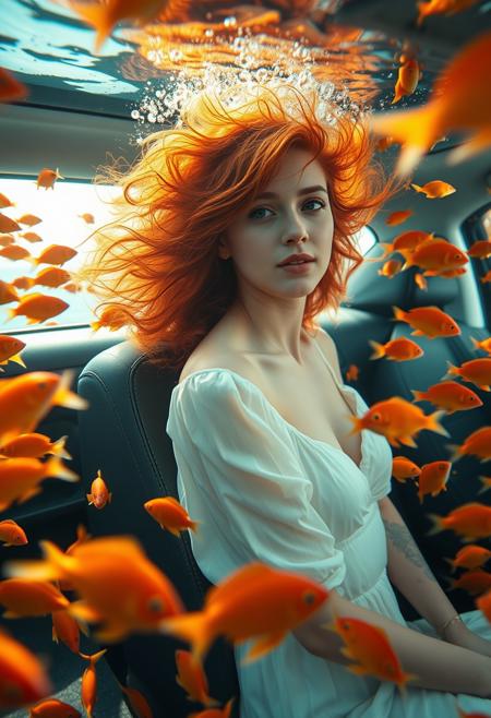 an image of a woman with red hair wearing a white dress, sitting and leaning against the seat in the passenger seat of a car that is submerged underwater, her hair is floating, no make up, natural face. Numerous orange fish are swimming around her and the car, creating a surreal and serene underwater environment. Sunlight is coming from the above, making her hair glow,  ethereal lights. Midshot, looking away from the viewer/camera.
