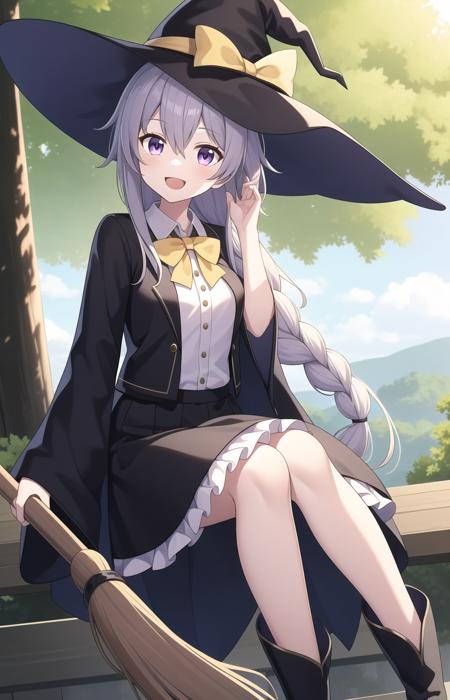 1girl, elaina \(majo no tabitabi\), witch hat, solo, hat, shirt, bow, white shirt, sidesaddle, broom, skirt, smile, long hair, black headwear, open mouth, yellow bow, black footwear, broom riding, open clothes, yellow bowtie, braid, long sleeves, ribbon, hair between eyes, pointy footwear, outdoors, black robe, collared shirt, looking at viewer, open robe, black skirt, pink bow, witch, bowtie, hand on headwear, yellow ribbon, bangs, :d, frilled skirt, wide sleeves, hair bow, neck ribbon, medium breasts, single braid, robe, boots, breasts, purple eyes, sitting, dress shirt, tree, frills, pleated skirt