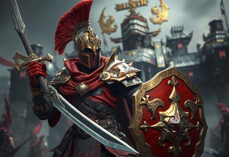 "A hyper-detailed concept art scene featuring a Gravekeeper's Nobleman warrior, the main focus of the image. Adorned in red and gold armor with a helmet featuring a plume, the warrior wields a sword in their right hand and holds a shield in their left, suggesting readiness for battle. The background is the Mobile Fortress, creating a dramatic and immersive setting. Rendered in hyper-realistic 3D with Octane Render, the scene showcases lifelike details, sharp lines, and stunning colors. The composition is balanced, with intentional focus on the warrior and the fortress. Inspired by contemporary aesthetics and Grammer Effect Style, the image conveys vivid emotions and a powerful message. Trending on ArtStation, 4K, ultra-detailed, and impeccably composed."