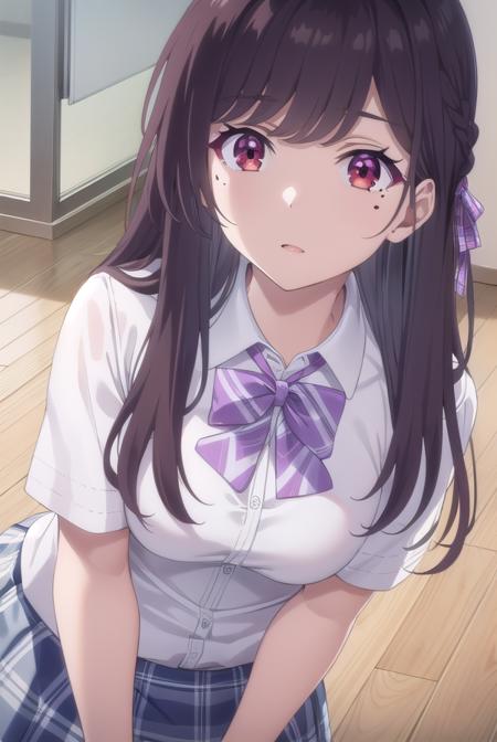 mariakurose, <lora:maria kurose s1-lora-nochekaiser:0.8>,
maria kurose, long hair, black hair, (red eyes:1.3), mole, mole under eye,
BREAK skirt, shirt, bow, school uniform, white shirt, short sleeves, pleated skirt, bowtie, plaid, plaid skirt, purple bow,
BREAK indoors, classroom,
BREAK looking at viewer, (cowboy shot:1.5),
BREAK <lyco:GoodHands-beta2:1>, (masterpiece:1.2), best quality, high resolution, unity 8k wallpaper, (illustration:0.8), (beautiful detailed eyes:1.6), extremely detailed face, perfect lighting, extremely detailed CG, (perfect hands, perfect anatomy),