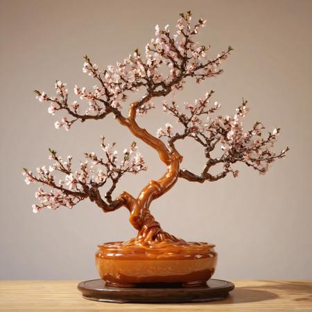 A bonsai plum tree sculpture made of caramel, highly glossy surface, beautifully reflecting light, intricate details of plum branches and blossoms, simple white or light wooden background, warm soft lighting, realistic texture, ultra-high resolution, photorealistic, no people,
caramel, caramel sauce,
8k, score_9, score_8_up, score_7_up,
masterpiece,realistic,ultra detailed, vibrant colors,photo-realistic,