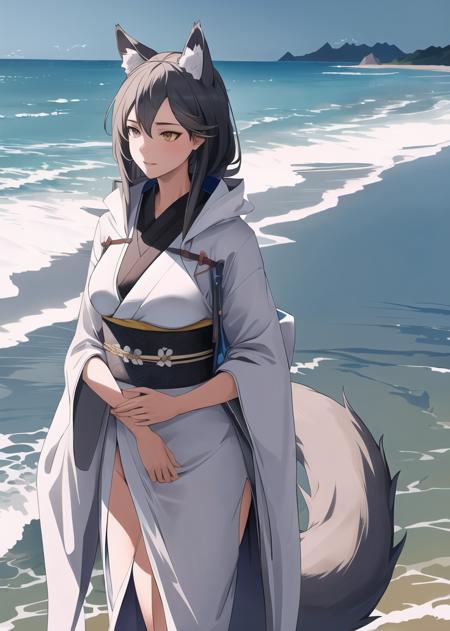 masterpiece, best quality, highres,  1girl,beach background, gertrude, wolf girl, <lyco:gertrude_remake:0.85>, kimono, white kimono, long kimono, standing,  mature woman, wolf tail