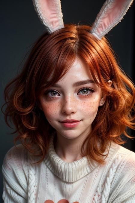 one girl,solo, (a beautiful and delicate girl:1.3), (parted lips:1.3), break, ((wearing White fluffy sweater and put on rabbit ears:1.4)), bare-legged, break, Very fine grain definition, (Symmetrical eyes:1.3),(glowing eyes),blush, break, (thigh gap),(droopy eyes),natural makeup , long eyelashes, break, Small breasts, pink eyes, Parted bangs, ((fluffy curly hair, red head and freckles:1.3)), break, (Eyes and facial details:1.0), little smile,  break, (masterpiece, highest quality, Super detailed, Detailed face, 8k)