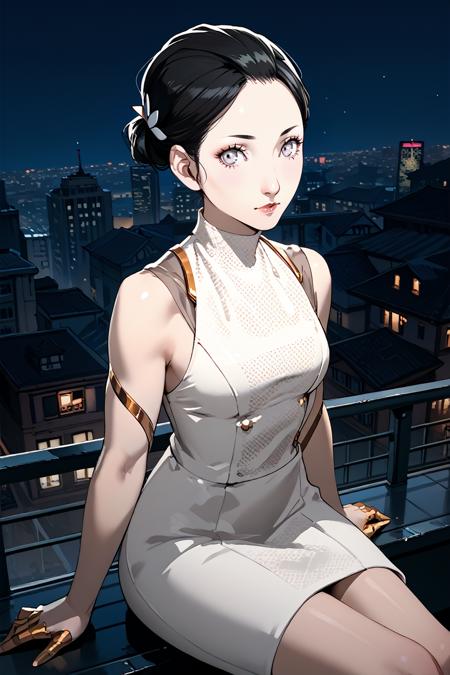 CyberHanako, 1girl, black hair, white eyes, hair updo