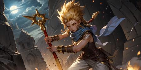 HEZI, LOL, \\\(lol style\\\), game cg, blonde hair, weapon, 1girl, holding, moon, 1boy, yellow eyes, holding weapon, armor, braid, long hair, spiked hair, sword, scarf, magic, bracer, sky, night, glowing, facial mark, full moon, outdoors, tattoo, knife, twin braids, colored skin, fantasy<lora:LOLå·¨ç¥å³°_å¤©ç(8bit)2-000018:0.6>,