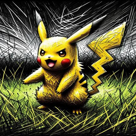 Pikachu standing in a vast field of grass and trees, colorful chaotic and expressive doodle style, hard lines, ScribbleRay, (scribble:1.5), messy and raw, ink drawing, rough texture, high contrast, grunge aesthetic, dynamic pose, energetic and intense expression, dramatic lighting, vibrant yet rough composition