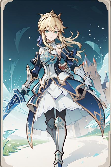 bright background, flat colors, simple background, particle effects, full body, dynamic pose
 <lora:Genshin_Card-10:1>, 1girl, artoria pendragon \(fate\), blond hair, green eyes, holding sword, full body, field, wind particles, wind particles, outdoors, medium breasts, armored dress, green field background, mature female, cyan theme, wide hips, castle in the background