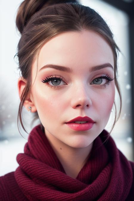 photo of a woman, anya-4080:0.99, ((hair up, hair in bun, dark brown hair)), ((scarf, sweater)), ((closeup, portrait):1.2), ((walking, outdoors, snow, city):1.1),((red lipstick, eyeliner,  eye shadow, blush):1.2), ((best quality, masterpiece, extreme details, high resolution):1.2),((detailed eyes,beautiful eyes, detailed face, beautiful face):1.2)