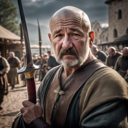 highly detailed documentary photo of guard:1.3,

guard, solo, looking at viewer, gloves, 1boy, upper body, weapon, male focus, outdoors, sword, blurry, blurry background, facial hair, beard, realistic, bald, manly, old, old man

masterpiece, best quality:1.1, 

ultra photoreal, photorealistic:1.0, sharp focus:1.1, 
depth of field:1.1, god rays:1.4,

50mm, style of Nathan Wirth, Hasselblad X1D II, Porta 160,
