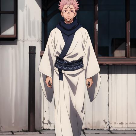 RyomenSukuna,1man, RyomenSukuna,1man, blue scarf,japanese clothes,white kimono,wide sleeves,long sleeves, obi, tabi,zouri,