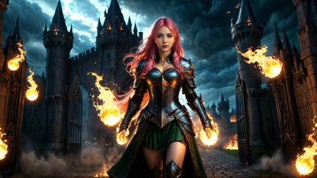 yuukananri,1girl with long pink hair,green eyes,medieval female mage in skirted armor,(walking towards a massive castle gate),((casting fireballs with both hands)),(intense flames illuminating the scene),pitch-black night,gothic architecture in the background,tall and dark castle gate,flowing cape billowing behind her,glowing fireballs lighting up her face and armor,intricate engravings on the armor,dark clouds swirling in the night sky,mysterious and powerful atmosphere,flickering light from the fireballs casting dynamic shadows on the ground,cold wind and eerie silence,dramatic lighting,magic and action,cinematic composition,highly detailed textures,intense and focused expression,glowing magical energy,(masterpiece:2),best quality,ultra highres,original,extremely detailed,perfect lighting,<lora:yuukananri-base-01-XL:0.6>,<lora:detailed_notrigger:1>,<lora:xl_more_art-full_v1:0.8>,<lora:MJ52_v2.0:0.5>,