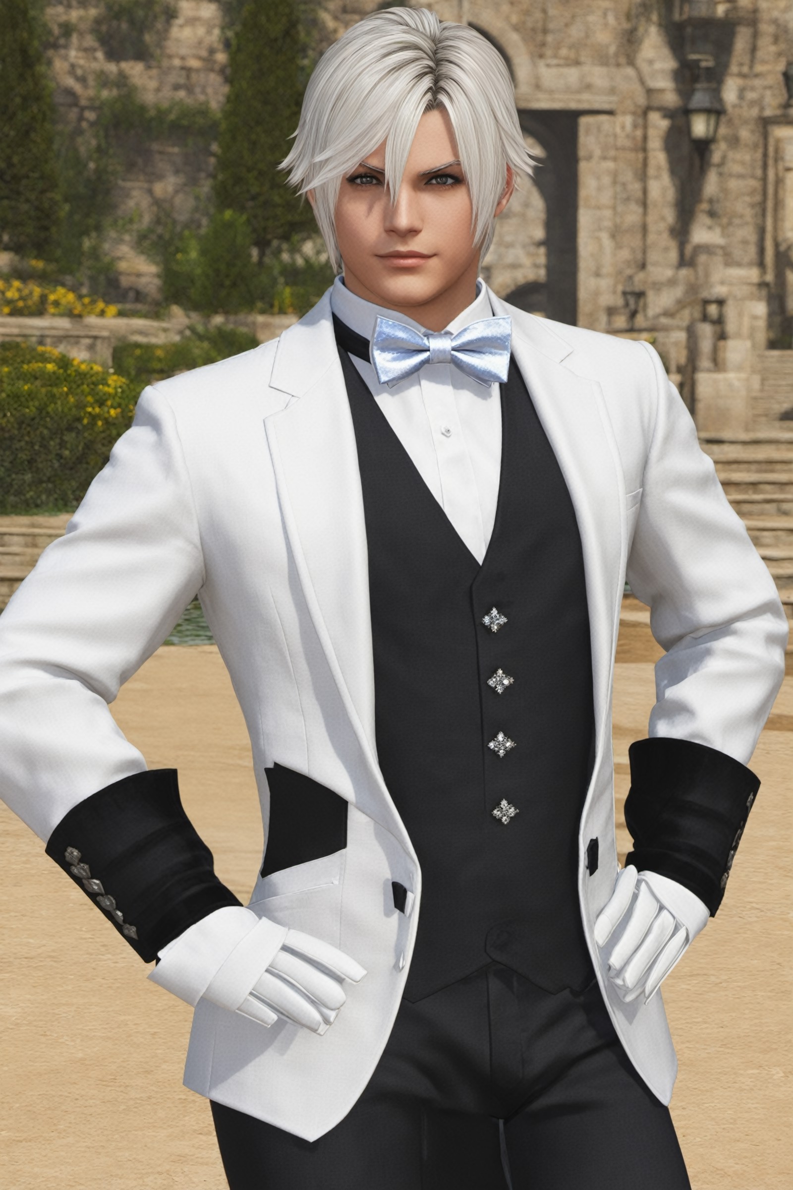 Thancred Waters,  Hyur,  looking at viewer,  gloves,  bow,  upper body,  white gloves,  bowtie,  hand on hip,  formal,  sp...