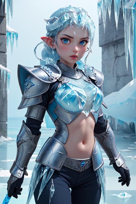 (Masterpiece:1.3), Highres, best quality, (extremely detailed, area lighting in background, HD, 8k, extremely intricate:1.3), (cowboy shot), Painting, 1 girl, ice dragon, blue eyes, (((ice forming on the body to form armor:1.2))),(Ice armour:1.5),ice, (ice sword:1.2),GlowingRunes_blue, runes on stomach (ice dragon in the background)