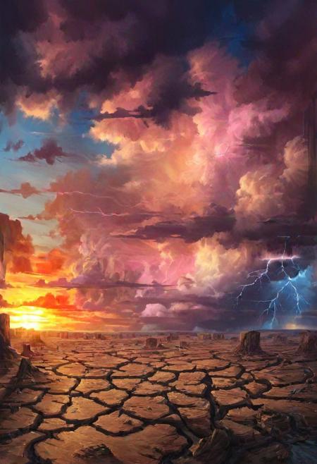 (score_9_up, score_8_up:1.2), (blue lightning), storm, shattered plains, desert, sunset, pink clouds, <lora:ShatteredPlains_r1:0.8>
