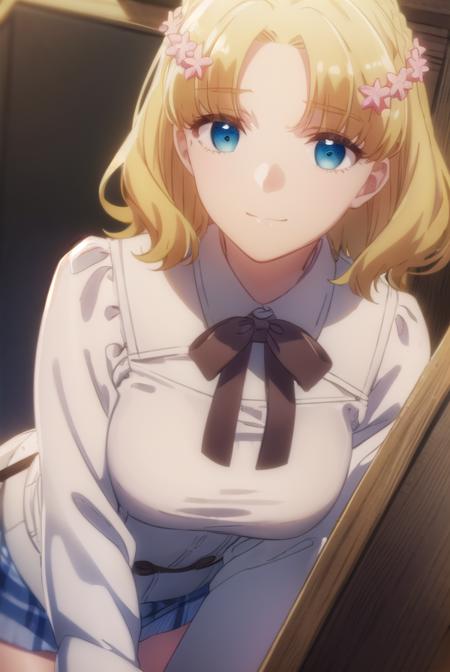 mariacampbell, <lora:maria campbell s2-lora-nochekaiser:1>,
maria campbell, short hair, blue eyes, blonde hair, hair ornament, flower, hair flower, (parted bangs:1.5), smile,
BREAK shirt, long sleeves, dress, bow, white shirt, belt, bowtie, pink dress,
BREAK indoors,
BREAK looking at viewer, (cowboy shot:1.5),
BREAK <lyco:GoodHands-beta2:1>, (masterpiece:1.2), best quality, high resolution, unity 8k wallpaper, (illustration:0.8), (beautiful detailed eyes:1.6), extremely detailed face, perfect lighting, extremely detailed CG, (perfect hands, perfect anatomy),