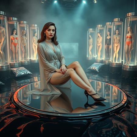 tall slender  elegant slavic lady in  vintage sheer dressing robe and   high heels, sits   at   floating  mirror disk, surrounded by   foil pillows,  floor covered by black  slime,  alien stasic tubes with encased beauties at background, sci-fi, scifi, mind control,  slave collar, steel, foil, fog,   hypno,  romance, poison, lipstick,  long hair, heavy makeup,   1950s hairstyle, red nails,   long hair, green eyes,  sharp cheekbones, ultra thin waist , mysterious,  alien spaceship,   space, radiating, laser, dramatic lighting, ral-alufoil