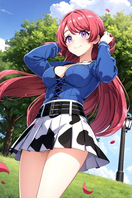 MGCM gula, long hair, red hair, purple eyes, MGCM costume, blue shirt, puffy sleeves, long sleeves, zebra print miniskirt, belt, loose socks, sneakers, <lora:MGCM_gula_ep15_v2:0.7>, BREAK (large breasts), anmnr, <lora:anmnr01:0.17>, beautiful, masterpiece, 8K resolution, extremely detailed face, 1girl, Beautiful woman, 20 years old, eye highlights, cowboy shot, (from below), looking at viewer, smile, blush, BREAK (fixing hair:1.2), windy, petals dance, wind lift, floating hair, BREAK anime background, outdoors, daytime, park, lawn, streetlight, warm sunlight, clouds, grassland, <lora:flat2-dim1:-0.5>