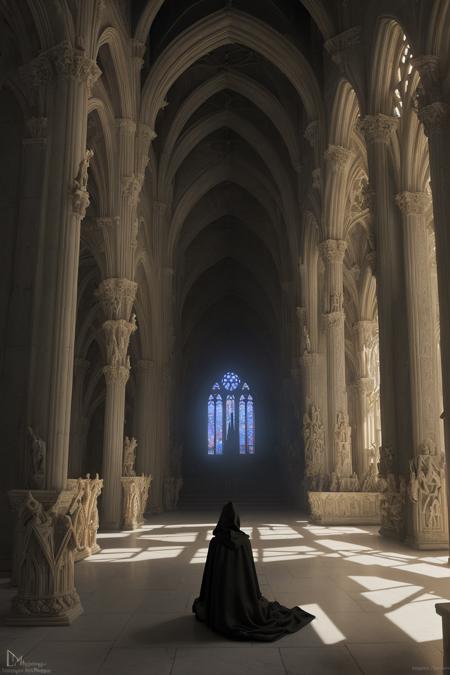 ancient divine monastery inspired by the Monastery of Silence from Lineage 2, massive gothic cathedral architecture, towering stone walls carved with sacred runes, endless candlelit corridors and empty halls, marble floors reflecting golden light from stained glass windows, angel statues watching silently, faint rays of holy light cutting through the silence, eerie sacred atmosphere, abandoned yet powerful, subtle floating particles in the air, dark monks in hooded robes kneeling in prayer, distant sound of chanting, dramatic contrast between light and shadow, epic fantasy ambiance, 4K ultra-realistic DSLR fantasy photography, cinematic depth and sharp architecture