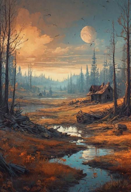 epic landscape, a post-apocalyptic world, seasons, flat vector illustration, different colour palette, muted colors, complex composition, intricate details, hightly detailed, improvisation, by Nikolai Dubovskoy, by Michael Klodt