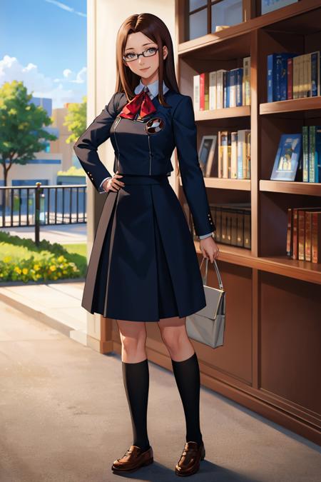 masterpiece, best quality, library, smile, full body
 <lora:zs_Chihiro:1> chihirop3, glasses, long hair, brown hair, gekkoukan high school uniform , skirt