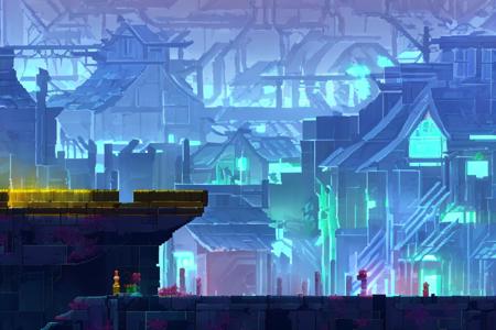 2d platformer, level design, cyberpunk, highly detailed, digital painting, artstation, concept art, smooth, sharp focus, illustration,  <lora:DeadCells:1>