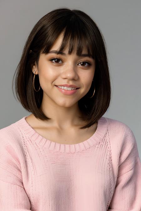 jenna orterga, jenna_ortega_v4 wearing sweater, skinny, bangs, 
pink sweater, 
head shot, close up, upper body, simple solid background, mid-twenty, age:21, 21 year old, portrait, 
<lora:Jenna_Ortega_V2:0.7>,