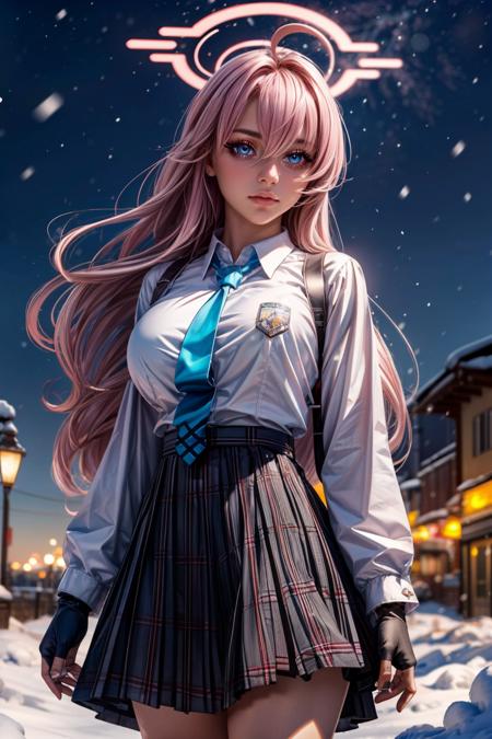 zzHoshino, pink hair, long hair, hair between eyes, blue eyes, yellow eyes, heterochromia, very long hair, pink halo, black skirt, blue necktie, collared shirt, plaid skirt, pleated skirt, white shirt, black gloves, fingerless gloves, puffy long sleeves,