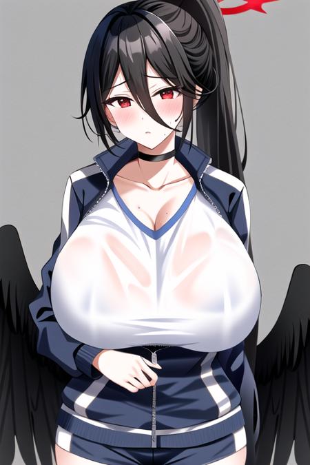 <lora:hasumi:0.7> hasumi(blue archive), gym cloth, gym shorts, 1girl, breasts, solo,red eyes, wings, halo, long hair, gym uniform, black hair, shorts, huge breasts, black wings, jacket, choker, ponytail, hair between eyes, blush, looking at viewer, shirt, mole, white shirt, track jacket, mole under eye, low wings, feathered wings,  simple background, bangs, partially unzipped,  cleavage, thighs, long sleeves