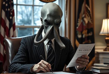 president cthulu in a sharp pin striped suit posing for presidential portrait in the oval office, real photograph, signing bill, ominous evil, empty eyes