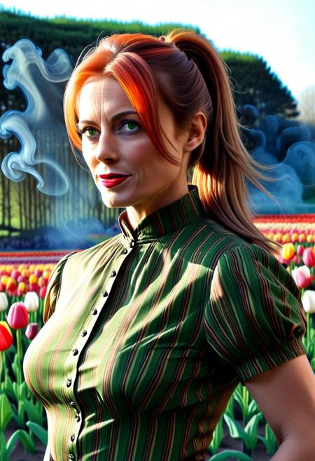 jaynl-tm, (close up:1.8), Stable_Yogis_PDXL_Positives, (Victorian blouse made of tulips:2.3), Realism_Quality_2xx_By_Stable_Yogi, (anatomically correct:1.7), photo, photo_realistic, 1girl, mature_woman, European, 27 years old, parted_lips, choker, seductive smile, sultry, serious stare, stern look, close-up, eye shadow, makeup, milf, mature female, pureerosface_v1, Expressiveh, intricate_details_xl, natural skin, realistic, hands out of view, red lipstick, makeup, Influencers Deluxe_Lara_Lang, long ponytail, streaked hair, Orange hair, black streaks in her hair, long side bangs, black highlights in bangs, thick lips, mega ponytail, big hair, tall, natural blue eyes, high neck closure, fitness body, toned muscles, high cheekbones, solo, (fully dressed:2), high turtle neck, outdoors, (hands hidden:1.7), short sleeves, closed dress, high neck closure, gentle smile, closed mouth, short puffy sleeves, laboratory, big fluffy hair in all directions. (green smoke:1.8), (red:1.4), (blue:1.4), (white:1.4).