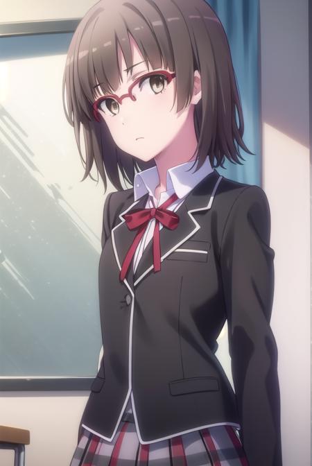 hinaebina, <lora:hina ebina s2-lora-nochekaiser:1>,
hina ebina, short hair, brown hair, black hair, (brown eyes:1.5), glasses,
BREAK skirt, ribbon, school uniform, jacket, black jacket, plaid, plaid skirt, blazer, sobu high school uniform,
BREAK indoors, classroom,
BREAK looking at viewer,
BREAK <lyco:GoodHands-beta2:1>, (masterpiece:1.2), best quality, high resolution, unity 8k wallpaper, (illustration:0.8), (beautiful detailed eyes:1.6), extremely detailed face, perfect lighting, extremely detailed CG, (perfect hands, perfect anatomy),