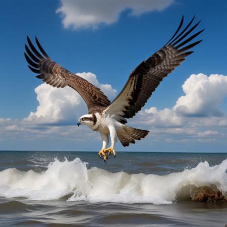 osprey eagle in flight rushing into the sea, blue sky background with cumulo-nimbus cloud, photography very realist