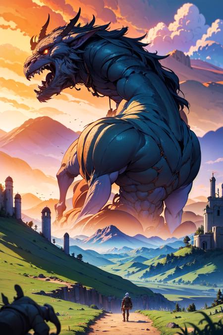 (masterpiece,best quality,absurdres,lineart:1),original design,epic fantasy,in a valley,(cinematic:1.2),(over the shoulder pov:1.2),(blurry foreground:1.2),(giant monster destroying the earth:1.1),catastrophic,apocalyptic