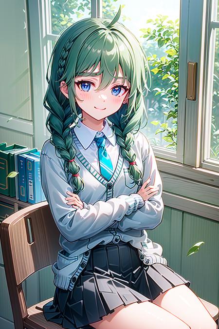 (masterpiece, best quality:1.5), <lyco:yuni-v1-000005:1.0>, yuni, long hair, blush, braid, twin braids, blue eyes, green hair, bangs, hair between eyes, ahoge, petite, teen, yunireal, skirt, school uniform, necktie, cardigan, green necktie, classroom, looking at viewer, cowboy shot, seductive smile, sitting, crossed arms,