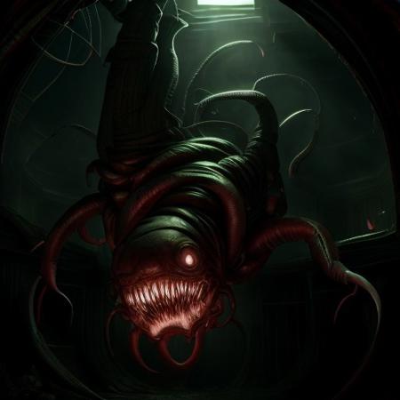 Realistic, horror style, illogical creature with rotten skin, crawling upside down on the roof of a dark basement, with light ray, gore aesthetic, scary, 6 arms, view from the bottom