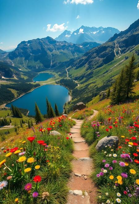Bird's eye view of an alpine lake hiking trail, vibrant wildflowers in bold colors, sunny day, high detail, realistic landscape, hyper-realistic digital painting, cinematic, by Claude Monet and Thomas Kinkade, 4k resolution