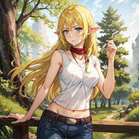 (masterpiece),(best_quality),looking_at_viewer,ears_down,detailed,(tuka_luna:1.4),1girl,solo,blonde_hair,very_long_hair,long_mouth,closed_mouth,worried,blue_eyes,white_shirt,tank_top,bow,denim,jeans,pointy_ears,absurdres,forest background,  <lora:Tuka_Luna_Marceau-06:0.65>