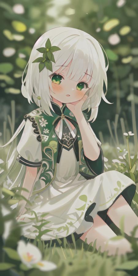 (masterpiece, best quality),1girl with long white hair sitting in a field of green plants and flowers, her hand under her chin, warm lighting, white dress, blurry foreground