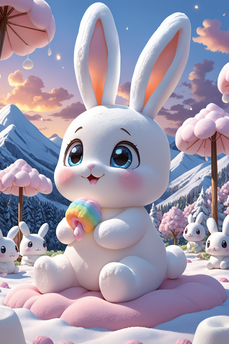 masterpiece, best quality, , bunny of marshmallows, big ears, pastel white, solo, pastel blue, gooey shine, adoring look, big eyes, marshmallow valley, sticky hills, gooey flowers, detailed background, hugging gummy plushie, eyes closed, playful, tail wagging, side profile shot, full body visible, marshmallow beach play, splashing, gooey waves, sticky beach, sticky lantern, glowing softly, nearby, on fluffy snow, pastel white, marshmallow sky, pastel pinks, marshmallow early afternoon, warm fluff, best quality, vibrant colors, cartoon style, soft shading, high detail, smooth texture, highres, 4K resolution, masterpiece, best quality, amazing quality, very aesthetic, soft light, pastel greens, light fluff, lantern light, sticky warmth, low angle shot, looking up, <lora:The_world__marshmallows-000007:1>