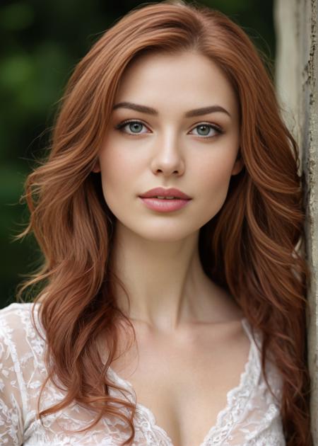 Hair: Long, flowing, and auburn. It catches the light and seems almost mesmerizing, with a slight natural wave.
Eyes: Emerald green, bright and piercing, with a captivating and mesmerizing quality.
Skin: Fair and flawless, ivory pale skin, with a healthy, radiant glow.
Face: Symmetrical and strikingly beautiful, with high cheekbones and a well-defined jawline. Her features are delicate yet strong.
Lips: Full and naturally pink, often curved in a gentle, inviting smile.
Figure: Tall and slender, with an elegant and graceful posture. She carries herself with confidence and poise.
Attire: Stylish and feminine, often in dresses that accentuate her figure.
8K, extremely clear and high quality. In focus