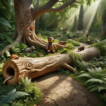 high-resolution image depicts a natural outdoor setting featuring a large, intricately carved fallen tree trunk. The trunk is artistically sculpted with animal figures, including a bear and other woodland creatures, seamlessly integrated into the wood. The scene is surrounded by lush greenery, with various types of plants and ferns adding to the serene atmosphere. The pathway is made of compacted dirt, curving gently around the carved trunk. Sunlight filters through the dense foliage, casting dappled shadows on the ground. The overall composition highlights the harmonious blend of art and nature, creating a tranquil and inviting environment.