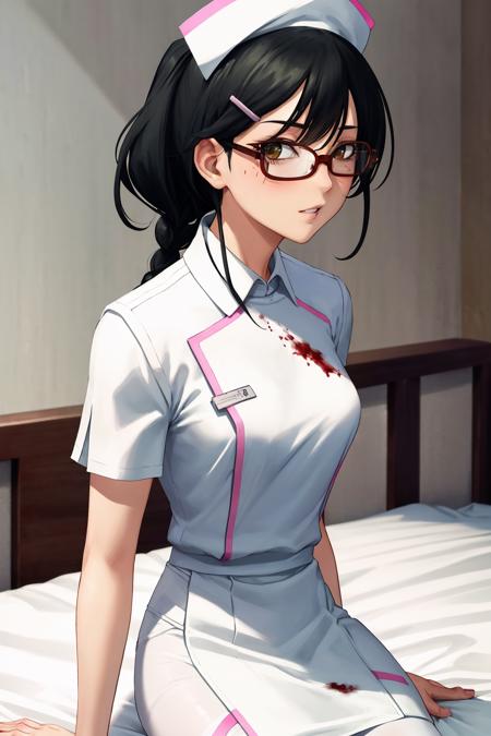 masterpiece, best quality, 1girl, solo, sitting, looking at viewer, <lora:hazukishino-ch-richy-v1:1> hazukishino, nurse, nurse cap, white legwear, white pantyhose, glasses, hospital bed, blood on face, parted lips